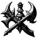 A rook chess piece is placed crosswise on a medieval halberd. tattoo design idea