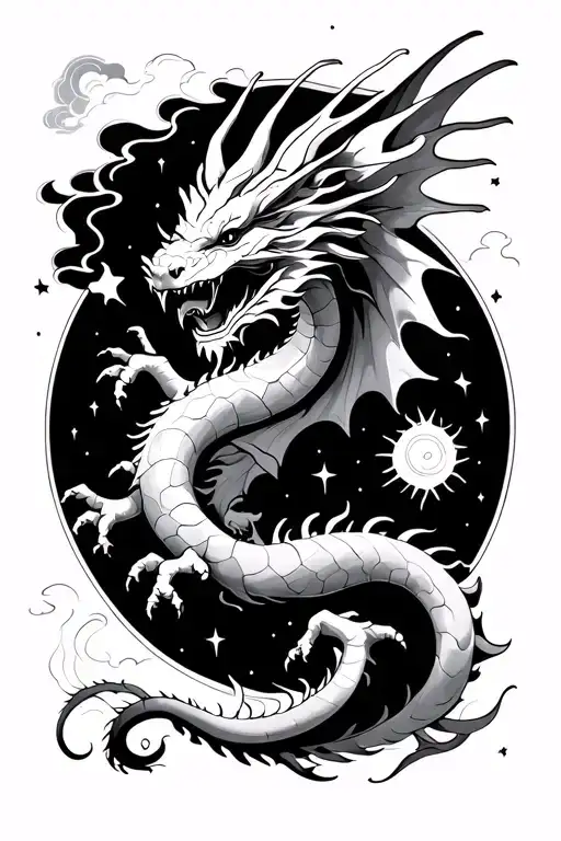 Flying dragon at night sky tattoo design idea
