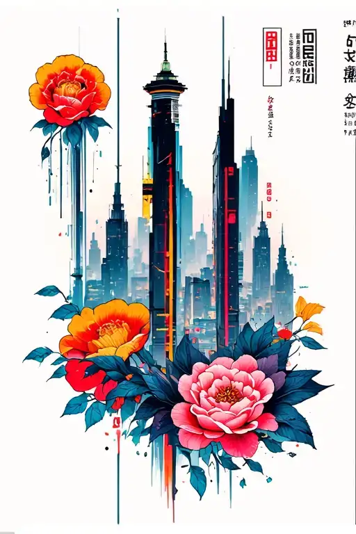 merges the vertical strip tattoo aesthetic with the vibrant cyberpunk cityscape elements - Tall & Slim  tattoo design idea
