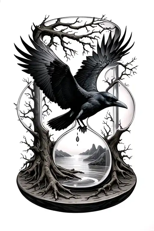 raven flying in a dive surrounded by an hour glass. instead of sand the hourglass is the roots and branches tree of life tattoo design idea