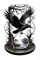raven flying in a dive surrounded by an hour glass. instead of sand the hourglass is the roots and branches tree of life tattoo design idea