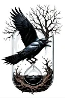 raven flying in a dive surrounded by an hour glass. instead of sand the hourglass is the roots and branches tree of life tattoo design idea