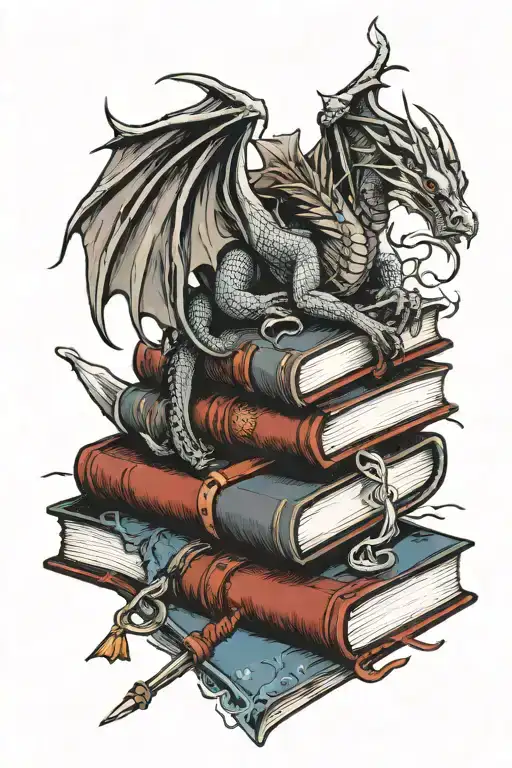 dragon and sword intertwined coming out a open book on a stack of books  tattoo design idea