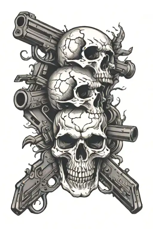 two guns crossed behind a skull  tattoo design idea