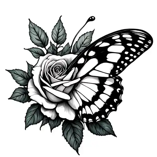 butterfly landing on rose intertwined tattoo design idea