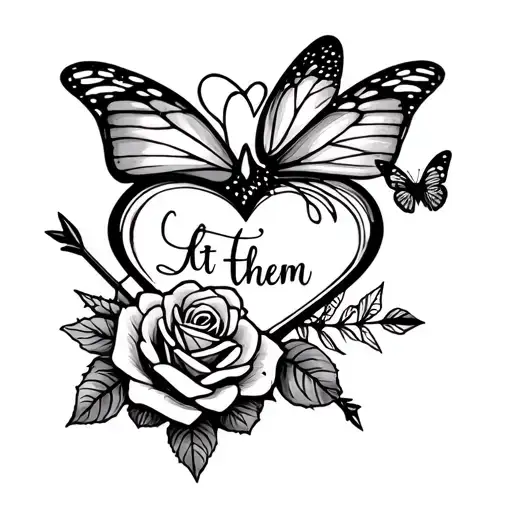 hand tatto design with a heart arrow and butterfly plus a rose for a thum/hand tattoo women with the words let them  tattoo design idea