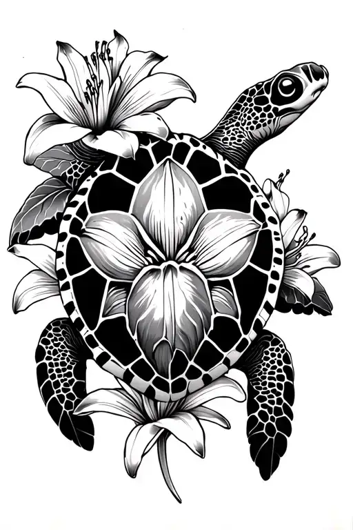 sea turtle and Lilies Bloom To Death tattoo design idea