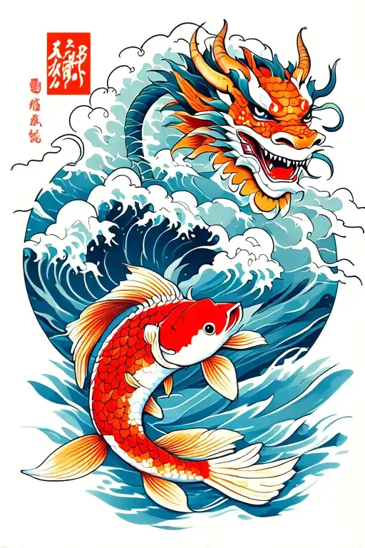 koi fish swimming up stream, a hannya mask, and a ryu dragon above with waves and clouds incorporated tattoo design idea
