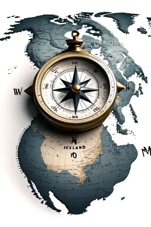 realistic 3d nautical compass sitting on a world map that shows iceland underneath the compass, with coordinates tattoo design idea