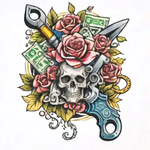 tools,flowers, money tattoo design idea