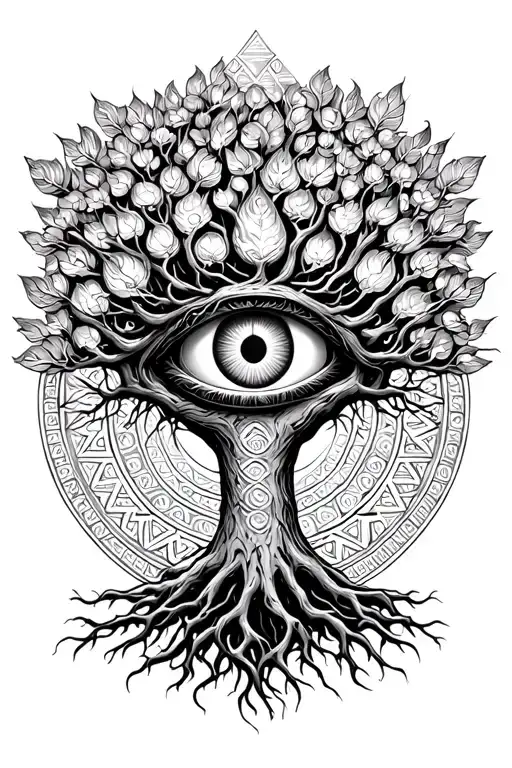 tree of life with an evil eye emerging from the roots and Sri yantra pattern as background.sacred line work tattoo design idea