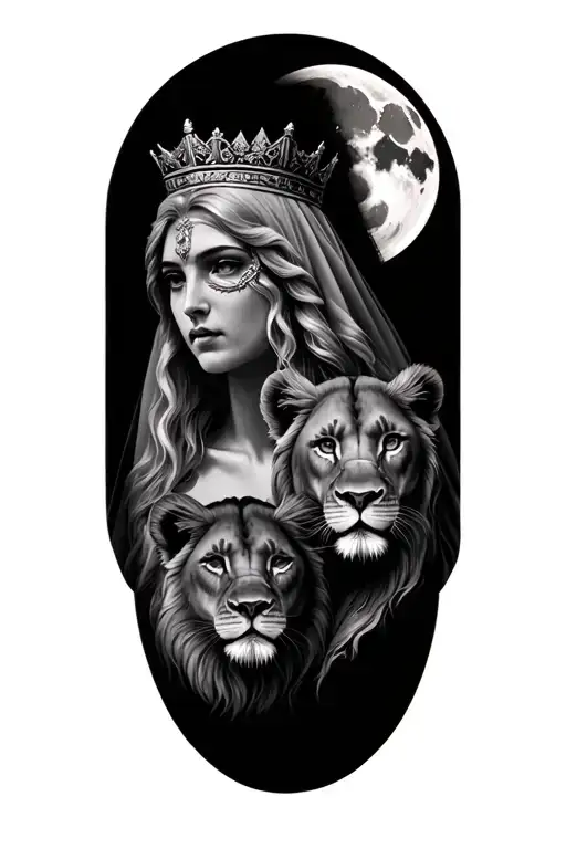 black & grey realism- greek goddess with light color hair, wearing crown with a veil over eyes, 2 lion cubs and moon tattoo design idea