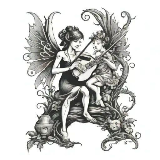 A mother and daughter fairy duo playing musical instruments in a mystical forest setting, highlighting your love for your daughters, nature, and music tattoo design idea