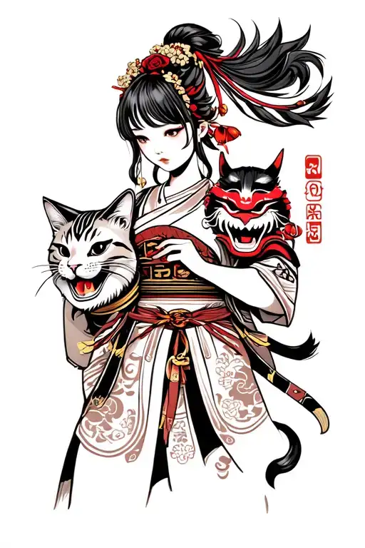 samurai girl holding a oni mask with a cat curled tattoo design idea