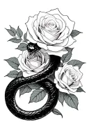 a minimalistic tattoo that is a trible snake that is feminine and wrapped around white roses tattoo design idea
