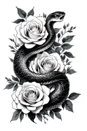 a minimalistic tattoo that is a trible snake that is feminine and wrapped around white roses tattoo design idea