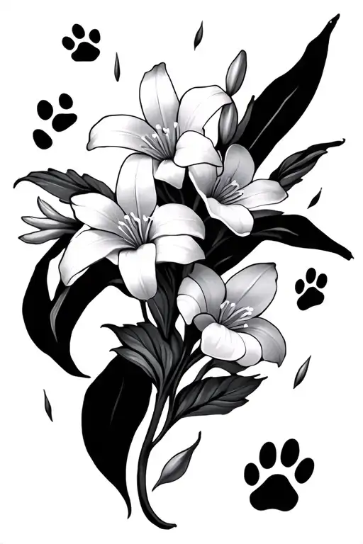 paperwhite flowers falling with paw prints and hoof prints sprinkled throughout  tattoo design idea