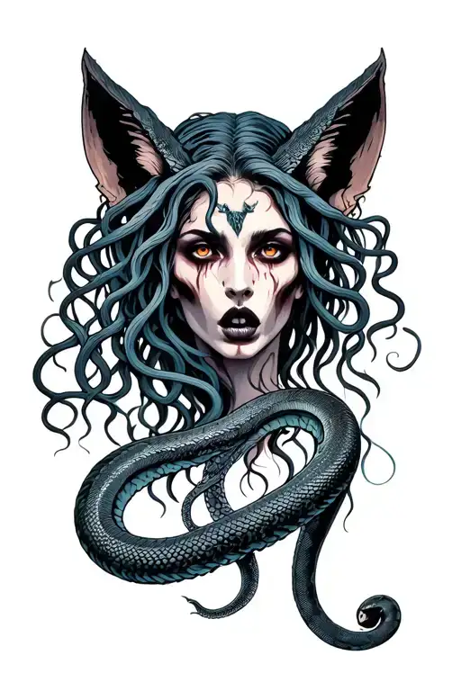 medusa greek mytholog with snakes hair and megan fox face  tattoo design idea