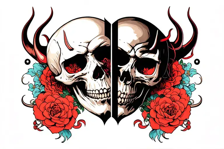Skulls opened 2 devil sides tattoo design idea