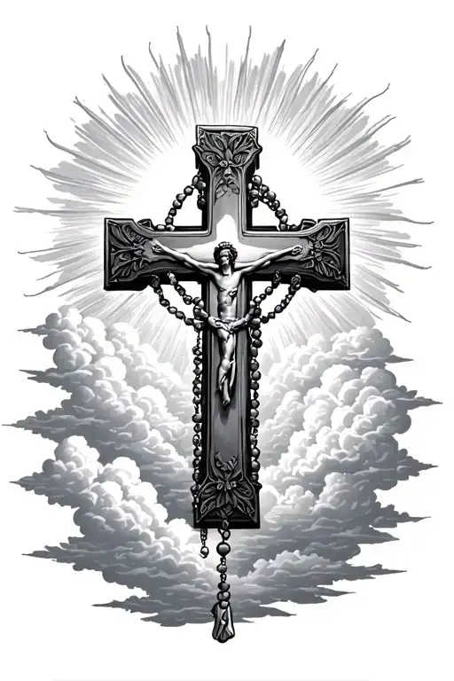 Unique Christian cross, with clouds as a background, with a subtle sun glare, and a rosary made out of small beads going tattoo design idea