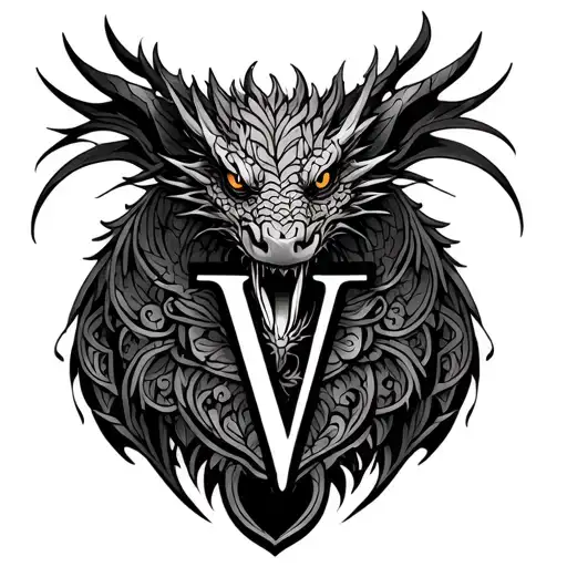 Western style Dragon, Mandala for Women, Blackout, Modern, the letter "V" prominently featured at bottom center tattoo design idea