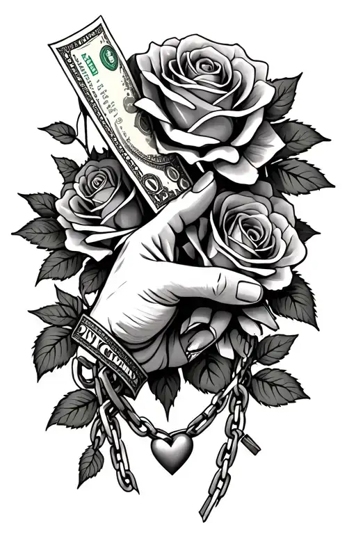 hand holding money, under it roses and thorns and a broken chain and a heart at the end  tattoo design idea