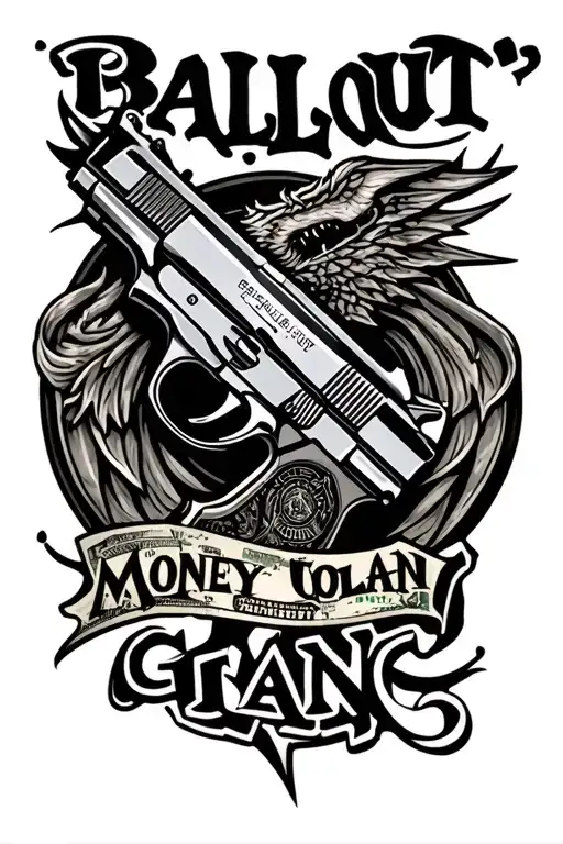 "Ball Out Money Gang" Draco gun surrounded tattoo design idea