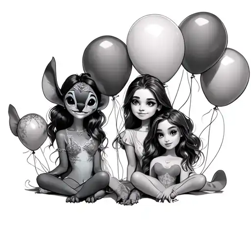 stich sitting holding 6 balloons with Aria, Brook, Lillian, Carson,Chloe,Sophie intertwined in the strings tattoo design idea