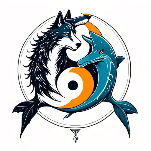 A neotraditional design of a wolf and dolphin circling each other in a yin yang formation tattoo design idea