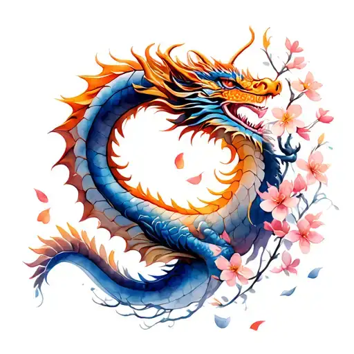 dragon and cherry blossom petals tattoo design idea