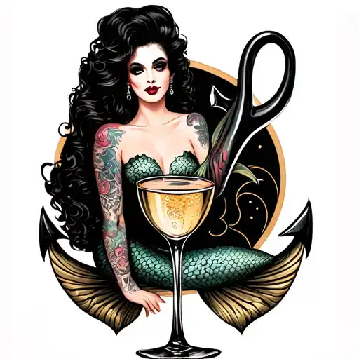 Tattooed Mermaid sitting temptingly in an anchor like dita von teese in a Champagne glass tattoo design idea