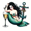 Tattooed Mermaid sitting temptingly in an anchor like dita von teese in a Champagne glass tattoo design idea