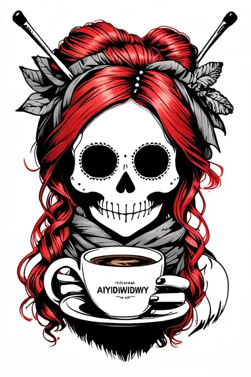 "AIYDIWDWY" "AIYDIWDWY" "AIYDIWDWY" sugar skull with red hair in a bun with crochet hooks, wearing a hair scarf holding a steaming coffee tattoo design idea