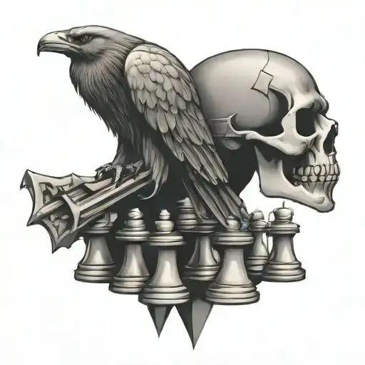 rook bird chess piece skull  tattoo design idea