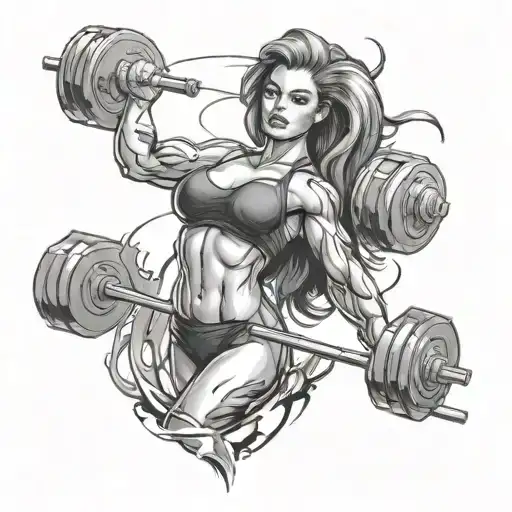 Create a tattoo of a sexy lady lifting weights in black-grey style tattoo design idea