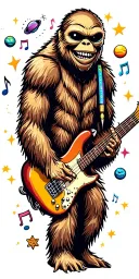 Bigfoot smiling, alien smiling, music notes, stars and planets, bass guitar, cartoon, colorful background tattoo design idea
