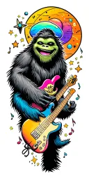 Bigfoot smiling, alien smiling, music notes, stars and planets, bass guitar, cartoon, colorful background tattoo design idea