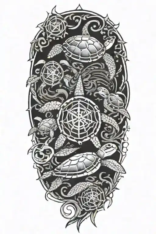 A family of sea turtles swimming towards a compass rose, representing the client's love for the ocean and their family, in a blackwork style tattoo design idea