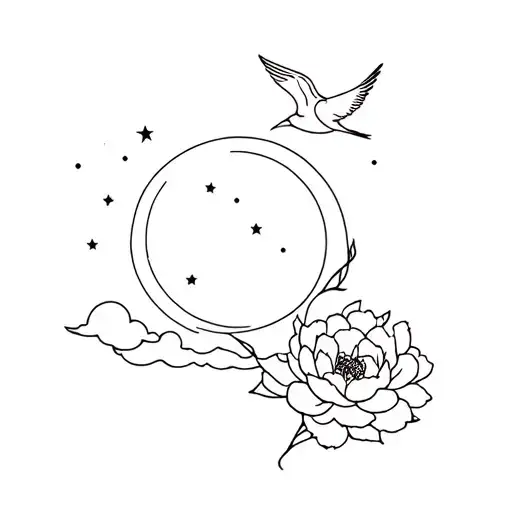 moon Etoiles Saturn peony bird cloud tattoo design idea