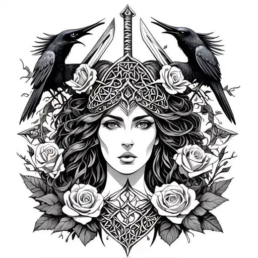 Celtic Goddess, Morrigan. Surrounded by ravens, roses and swords tattoo design idea