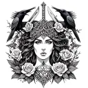 Celtic Goddess, Morrigan. Surrounded by ravens, roses and swords tattoo design idea