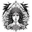 Celtic Goddess, Morrigan. Surrounded by ravens, roses and swords tattoo design idea
