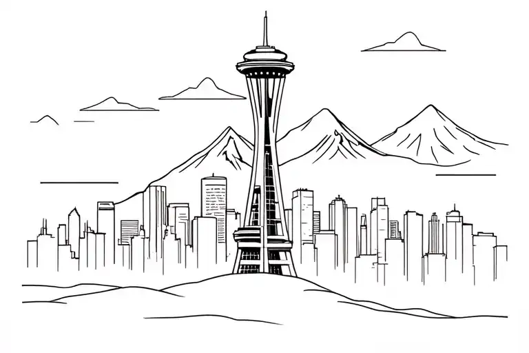 single line drawing of Seattle Skyline w/ Space Needle, Smith Tower and Mt. Rainier. tattoo design idea