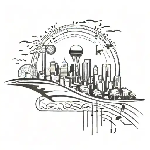 half sleeve Kansas City skyline with basketball and music notes with a clouded background wit 816 area code tattoo design idea