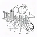 half sleeve Kansas City skyline with basketball and music notes with a clouded background wit 816 area code tattoo design idea