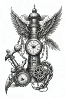 Angel wing with demon wing with an anchor, pocket watch style compass rose and a lighthouse and chains joining it all together tattoo design idea