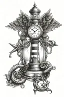 Angel wing with demon wing with an anchor, pocket watch style compass rose and a lighthouse and chains joining it all together tattoo design idea