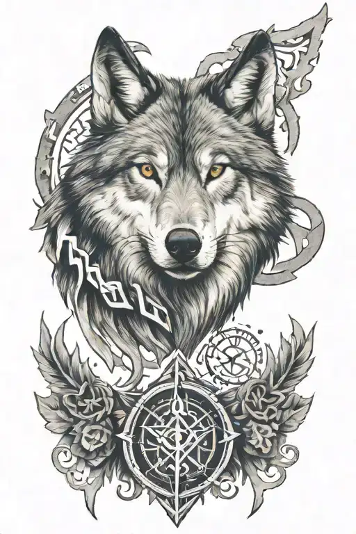 wolf surrounded by a nordic runes tattoo design idea