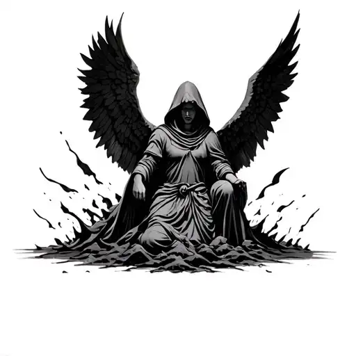 A dramatic, dark-themed tattoo inspired by the muddy stone statue: a hooded, angelic warrior figure emerging from rough  tattoo design idea
