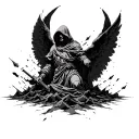 A dramatic, dark-themed tattoo inspired by the muddy stone statue: a hooded, angelic warrior figure emerging from rough  tattoo design idea